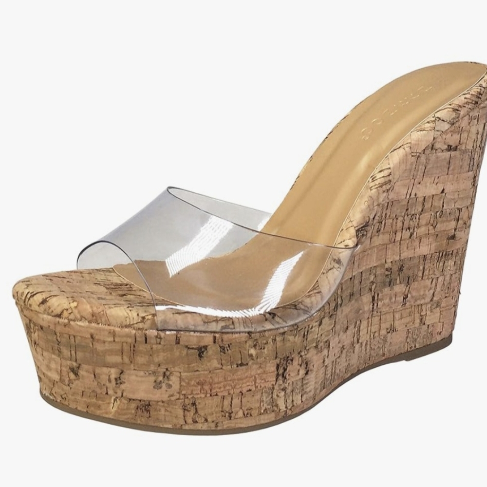 Bamboo Sexy Platform Sandals PVC Transparent High Cork Wedge Sandals Size 8.5